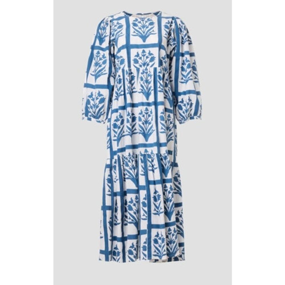 SZ Blockprints Orti Dress Floral Block Midi Blue Small - Picture 3 of 8